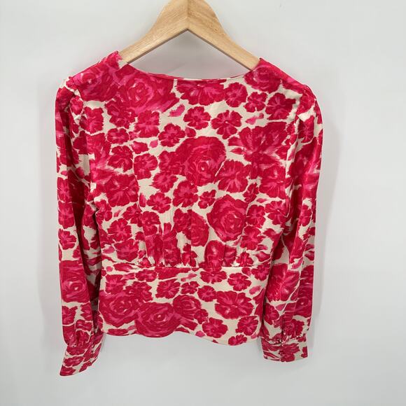 J.Crew Barbie Pink Floral Print Deep V-neck Faux Button Front Fitted Blouse // 2 - Picture 13 of 13